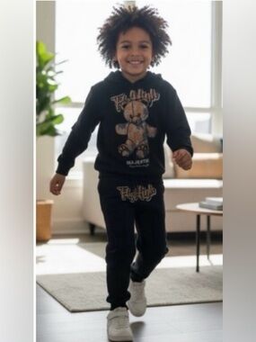 MAJESTIK Black Rhinestone FLY HIGH Bear Sweat Suit Child Set Size 7-8T NWOT